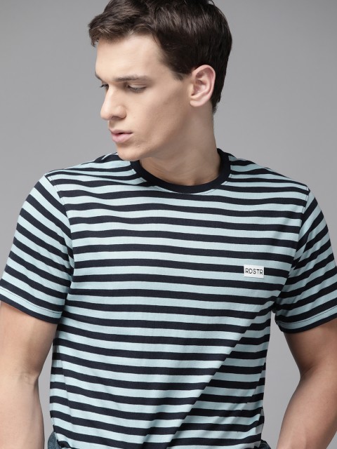 

Roadster Men Blue Striped Pure Cotton Round Neck T-shirt