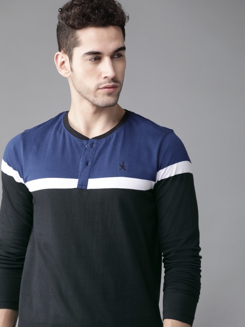 

Roadster Men Black & Navy Blue Pure Cotton Colourblocked Henley Neck T-shirt