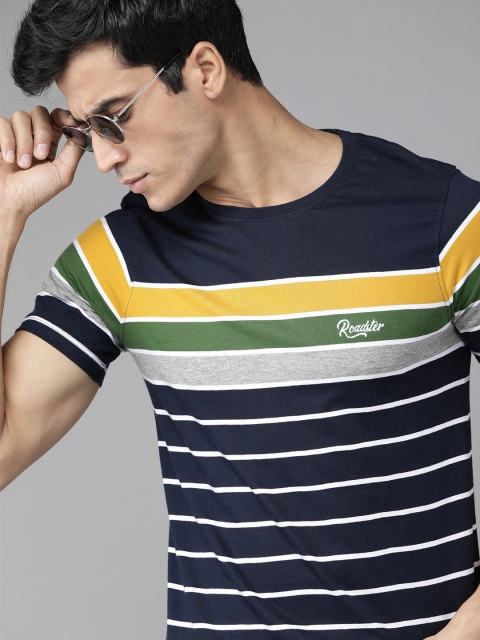 

Roadster Men Navy Blue & White Pure Cotton Striped Round Neck T-shirt