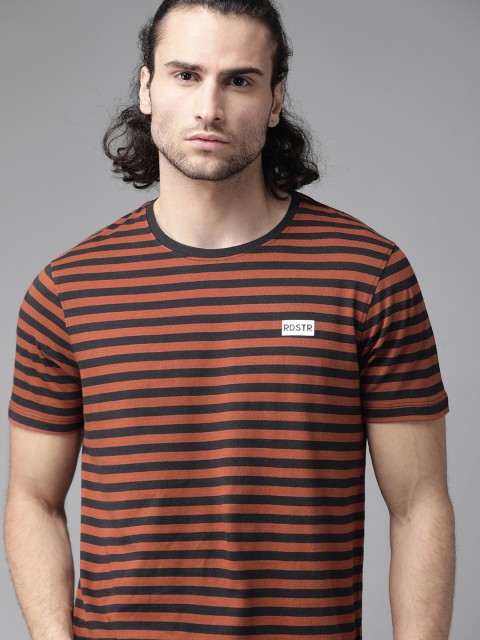 

Roadster Men Rust Orange & Black Striped Pure Cotton Round Neck T-shirt