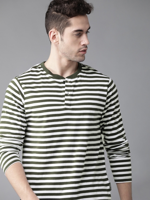 

Roadster Men Olive Green & White Pure Cotton Striped Henley Neck T-shirt