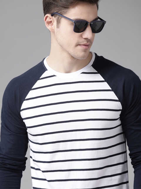 

Roadster Men White & Navy Blue Pure Cotton Striped Round Neck T-shirt