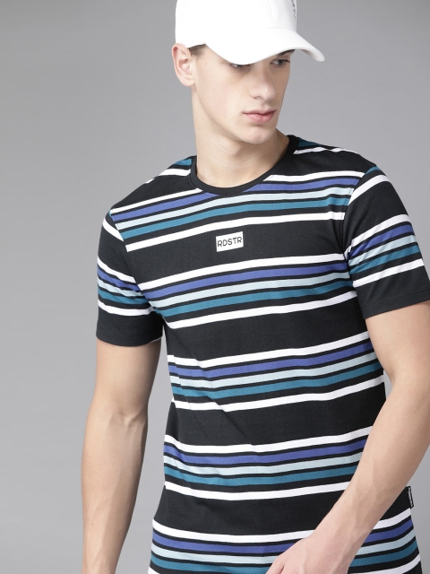 

Roadster Men Black & Blue Pure Cotton Striped Round Neck T-shirt