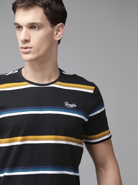 

Roadster Men Black & Blue Striped Pure Cotton Round Neck T-shirt