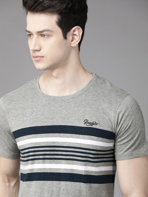 

Roadster Men Grey Melange & Navy Striped Round Neck T-shirt