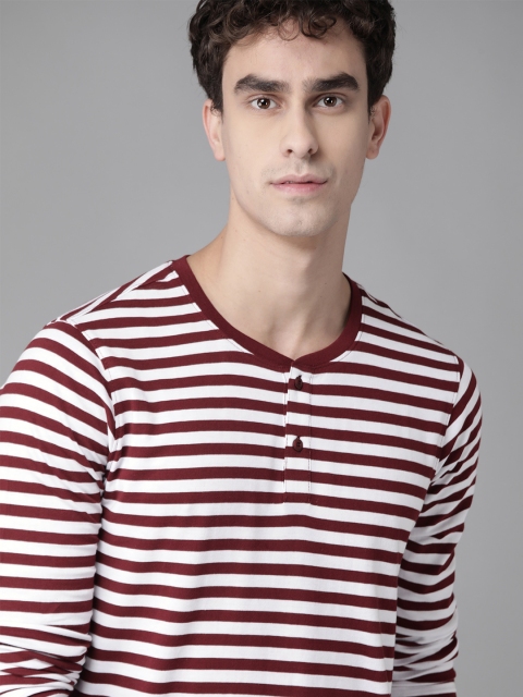 

Roadster Men Maroon & White Striped Henley Neck Pure Cotton T-shirt