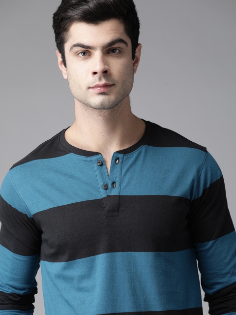 

Roadster Men Blue Black Striped Pure Cotton Henley Neck Pure Cotton T-shirt