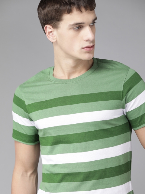 

Roadster Men Green & White Pure Cotton Striped Round Neck T-shirt