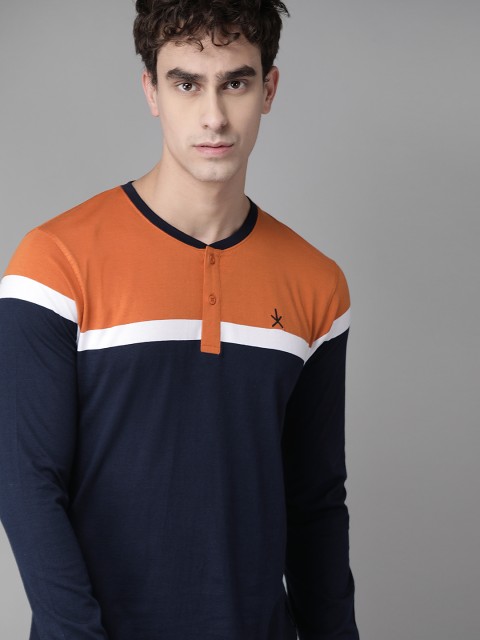 

Roadster Men Navy Blue & Rust Orange Colourblocked Henley Neck T-shirt
