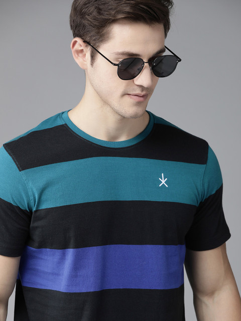 

Roadster Men Black & Blue Pure Cotton Striped Round Neck T-shirt