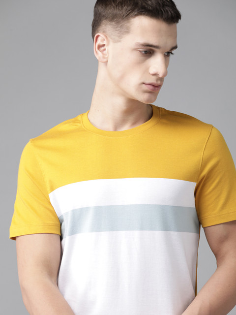 

Roadster Men Mustard Yellow & White Colourblocked Pure Cotton Round Neck T-shirt
