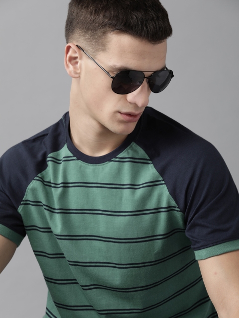 

Roadster Men Green Striped Pure Cotton Round Neck T-shirt