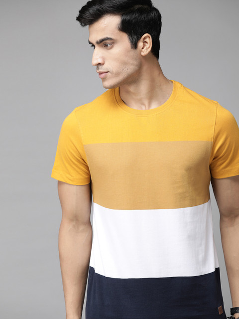 

Roadster Men Yellow & White Pure Cotton Colourblocked Round Neck T-shirt