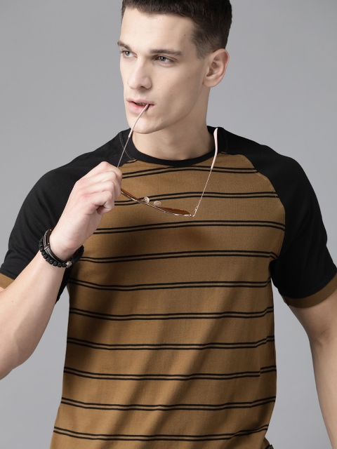 

Roadster Men Olive Brown & Black Pure Cotton Striped Round Neck T-shirt