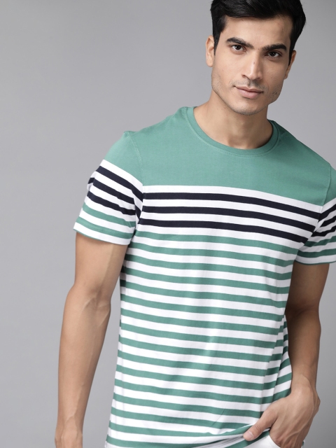 

Roadster Men Green & White Striped Cotton Round Neck T-shirt