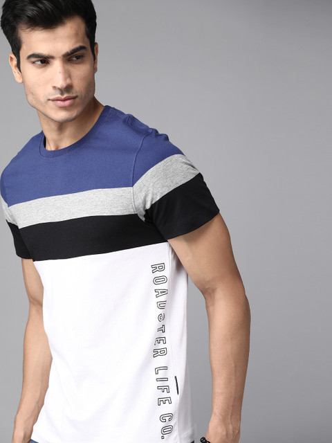 

Roadster Men White Blue Colourblocked Round Neck Pure Cotton T-shirt