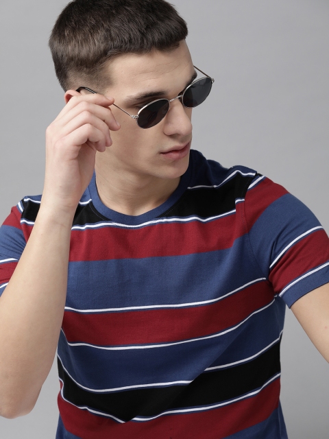 

Roadster Men Blue & Maroon Striped Pure Cotton Round Neck T-shirt