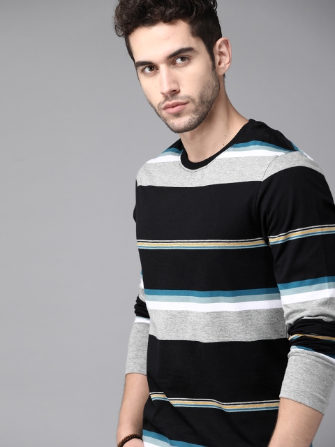 

Roadster Men Black & Grey Melange Striped Pure Cotton Round Neck T-shirt