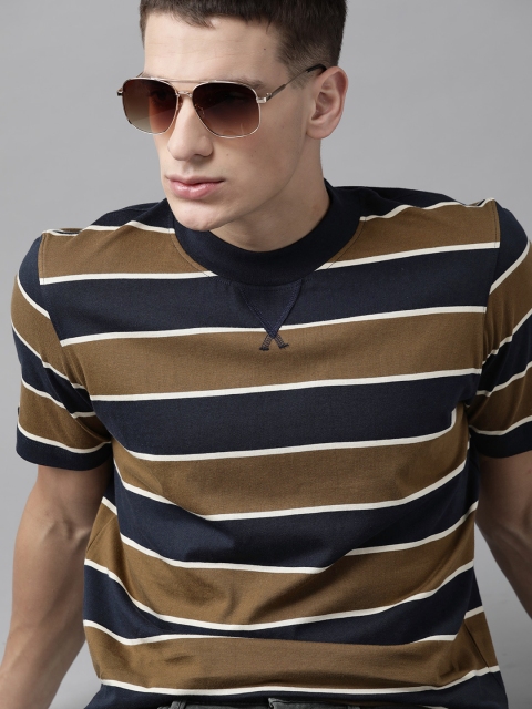 

Roadster Men Navy Blue & Olive Brown Striped Pure Cotton Round Neck T-shirt