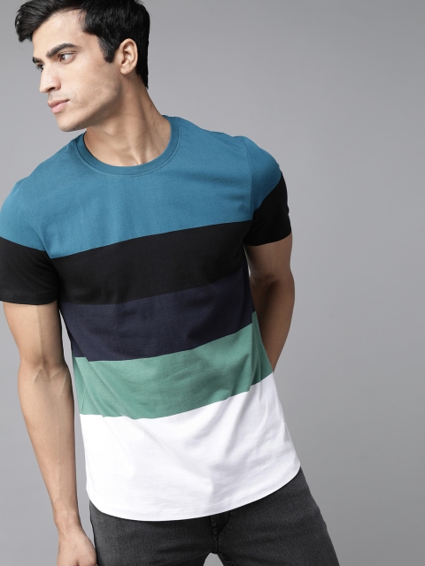 

The Roadster Lifestyle Co Men Teal Blue White Striped Round Neck Pure Cotton T-shirt