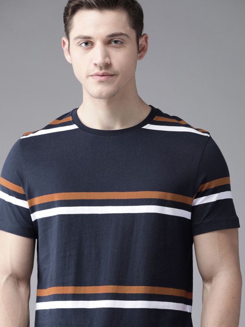 

Roadster Men Navy Blue & White Striped Pure Cotton Round Neck T-shirt