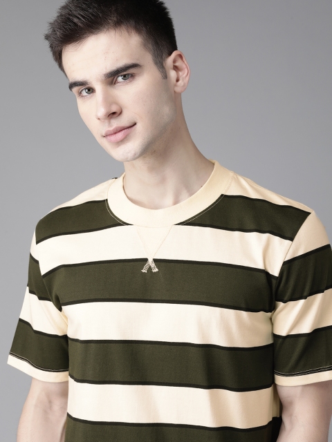 

Roadster Men Cream-Coloured & Olive Green Pure Cotton Striped Round Neck T-shirt