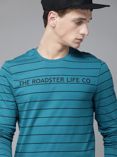 

Roadster Men Teal Blue & Black Pure Cotton Striped Round Neck T-shirt