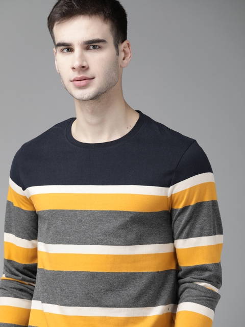 

Roadster Men Charcoal Grey & Yellow Pure Cotton Striped Round Neck T-shirt
