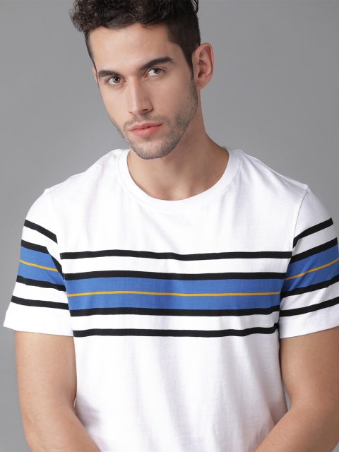 

Roadster Men White & Blue Striped Cotton Round Neck T-shirt