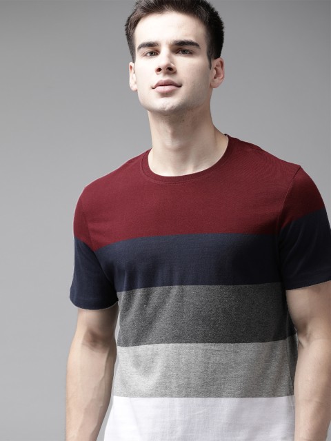 

Roadster Men White & Grey Pure Cotton Striped Round Neck T-shirt