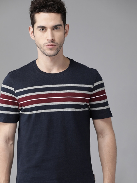 

Roadster Men Navy Blue & Grey Striped Round Neck Pure Cotton T-shirt