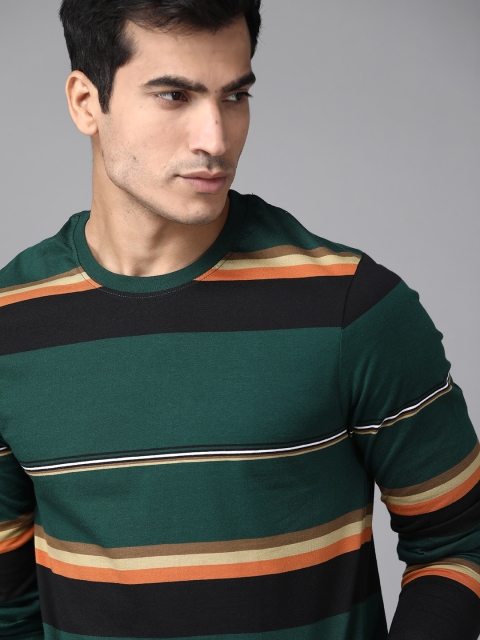 

Roadster Men Green & Black Striped Pure Cotton Round Neck T-shirt