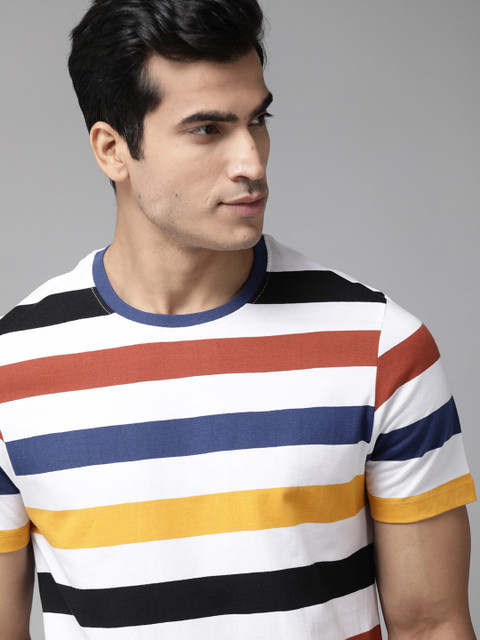 

Roadster Men White & Yellow Cotton Striped Round Neck T-shirt