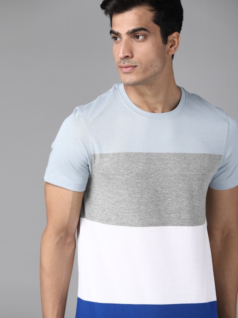 

Roadster Men Blue Grey Mekange Colourblocked Round Neck Pure Cotton T-shirt