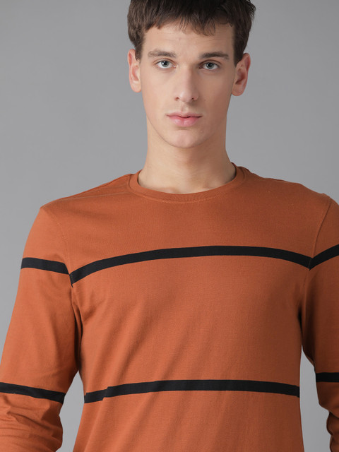 

Roadster Men Rust Orange & Black Striped Cotton Round Neck T-shirt