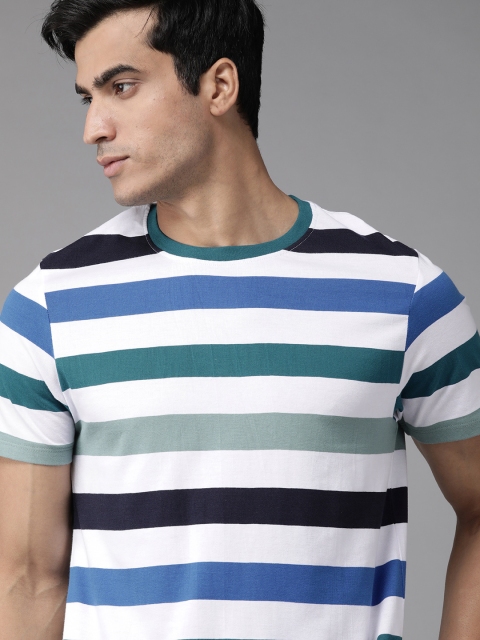 

Roadster Men White & Blue Striped Cotton Round Neck T-shirt