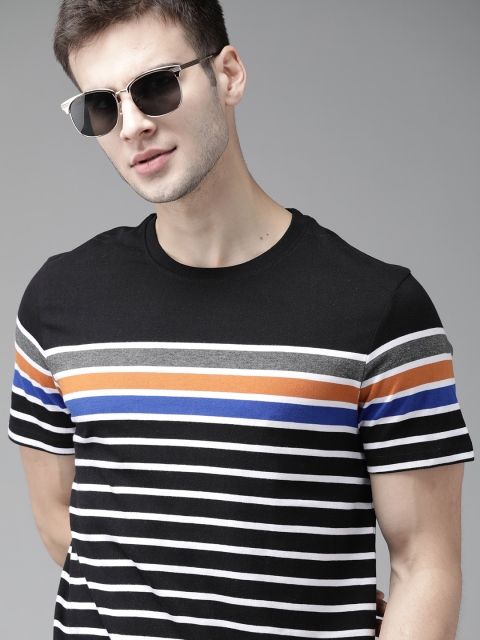 

Roadster Men Black & White Pure Cotton Striped Round Neck T-shirt