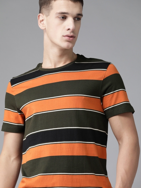 

Roadster Men Olive Green Orange Pure Cotton Striped Round Neck Pure Cotton T-shirt