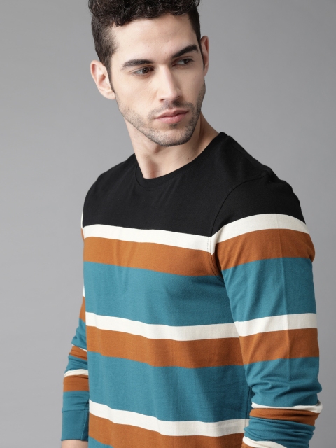 

Roadster Men Teal Blue & White Striped Pure Cotton Round Neck T-shirt