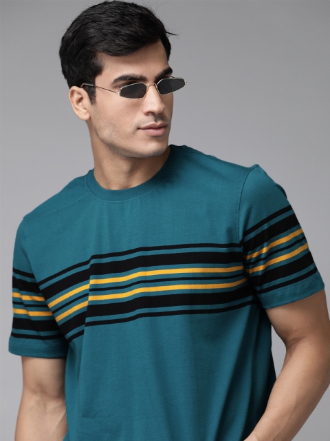 

Roadster Men Teal Blue & Black Striped Pure Cotton Round Neck T-shirt