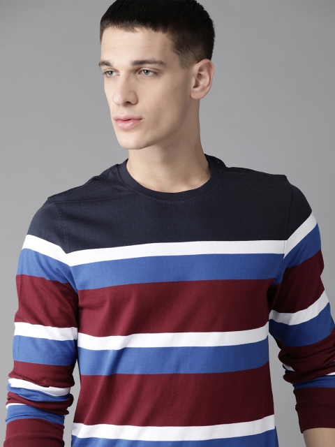 

Roadster Men Blue & Maroon Striped Pure Cotton Round Neck T-shirt