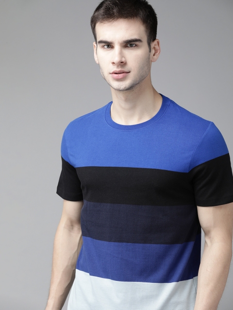 

Roadster Men Blue & Black Pure Cotton Striped Round Neck T-shirt