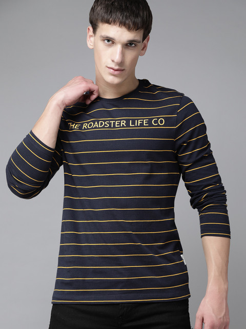 

Roadster Men Navy Blue & Yellow Pure Cotton Striped Round Neck T-shirt
