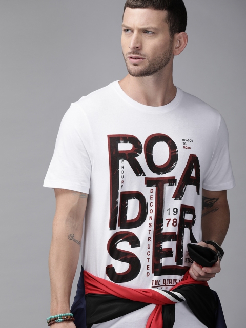 

Roadster Men White Brand Logo Printed Round Neck Pure Cotton T-shirt