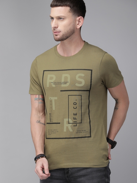 

Roadster Men Olive Green Printed Round Neck T-shirt