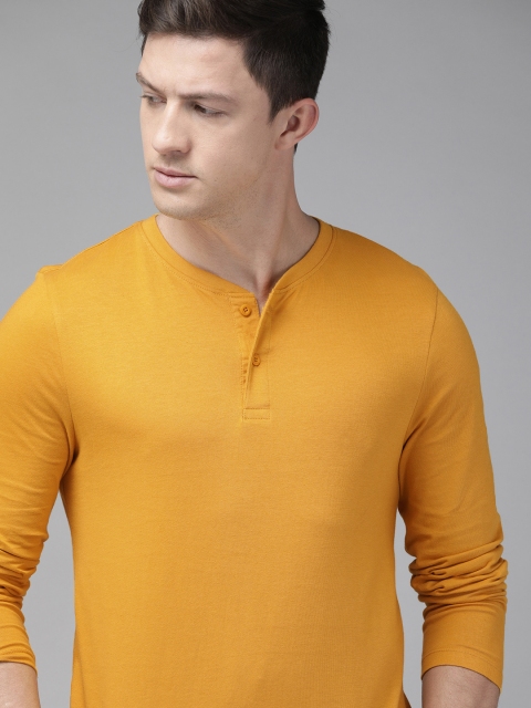 

Roadster Men Mustard Yellow Solid Henley Neck Pure Cotton T-shirt