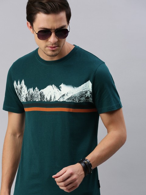 

Roadster Men Teal Green & Cream- Coloured Printed Round Neck T-shirt