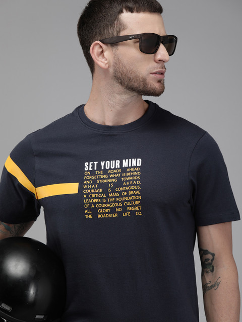 

Roadster Men Navy Blue Printed Round Neck Pure Cotton T-shirt