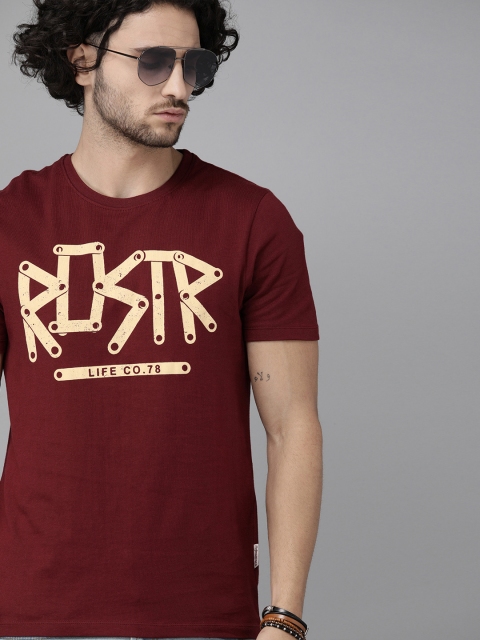 

Roadster Men Maroon Brand Logo Printed Round Neck Pure Cotton T-shirt