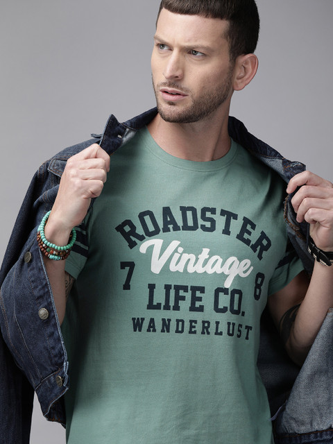 

Roadster Men Green Printed Round Neck T-shirt
